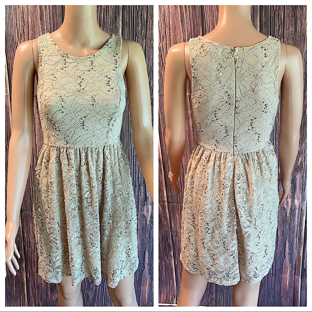 Altar’d State size xs tan beige gold sequined floral lace cocktail fancy